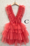 A Line Pink Homecoming Dress, V Neck Tiered Homecoming Dresses, Tulle Short Prom Party Gwons