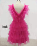 A Line Pink Homecoming Dress, V Neck Tiered Homecoming Dresses, Tulle Short Prom Party Gwons