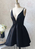 A-line Plunge V Back Black Homecoming Dress, Taffeta Short Mini Homecoming Dress