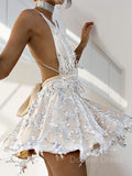 A-Line Halter Short Lace Homecoming Dresses With Beading