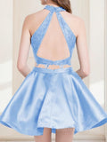 A-Line Halter Short Satin Homecoming Dresses