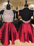 A-Line Halter Short Satin Homecoming Dresses With Beading