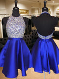 A-Line Halter Short Satin Homecoming Dresses With Beading