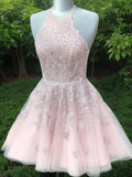 A-Line Halter Short Tulle Homecoming Dresses With Appliques Lace