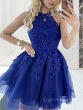 A-Line Halter Short Tulle Homecoming Dresses With Appliques Lace