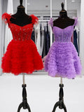 A-Line Off-the-Shoulder Knee-Length Tulle Homecoming Dress with Cascading Ruffles