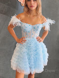 A-Line Off-the-Shoulder Knee-Length Tulle Homecoming Dress with Cascading Ruffles