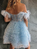 A-Line Off-the-Shoulder Knee-Length Tulle Homecoming Dress with Cascading Ruffles