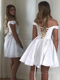 A-Line Off-the-Shoulder Short Satin Homecoming Dresses With Ruffles