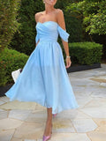 A-Line Off-the-Shoulder Tea-Length Chiffon Homecoming Dresses With Ruffles