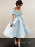 A-Line Off-the-Shoulder Tea-Length Satin Homecoming Dresses With Ruffles