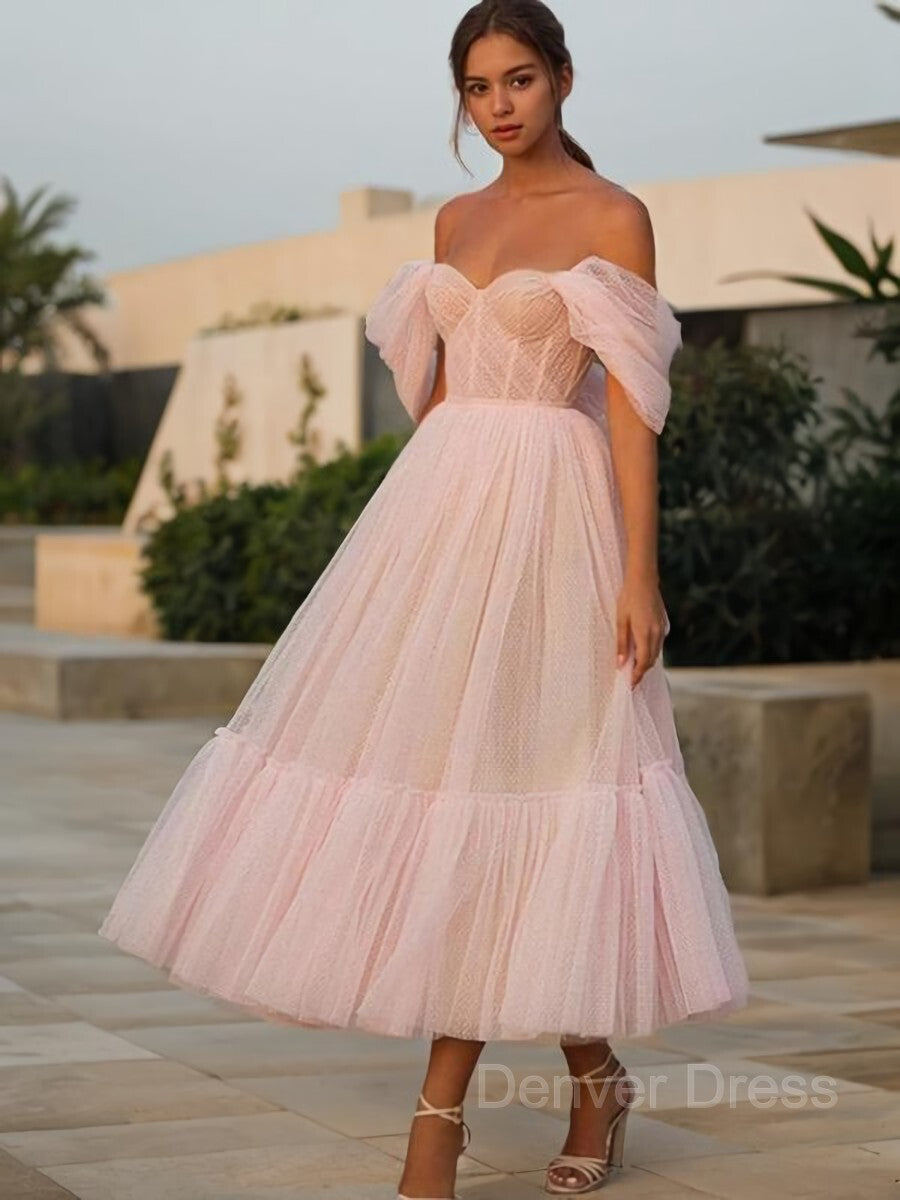 A-Line Off-the-Shoulder Tea-Length Tulle Homecoming Dresses With Ruffles