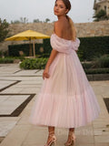 A-Line Off-the-Shoulder Tea-Length Tulle Homecoming Dresses With Ruffles