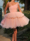 A-Line One-Shoulder Short Tulle Homecoming Dresses With Cascading Ruffles