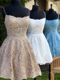 A-Line Spaghetti Straps Short Lace Homecoming Dresses With Appliques Lace