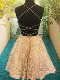 A-Line Spaghetti Straps Short Lace Homecoming Dresses With Appliques Lace