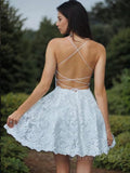 A-Line Spaghetti Straps Short Lace Homecoming Dresses With Appliques Lace