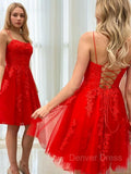 A-Line Spaghetti Straps Short Tulle Homecoming Dresses With Appliques Lace