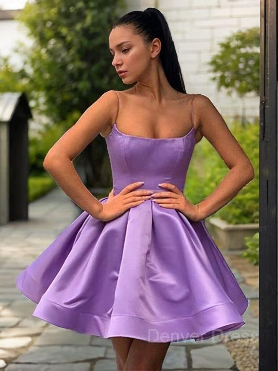 A-Line Square Short Satin Homecoming Dresses With Ruffles