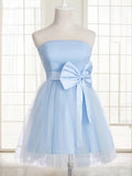 A-Line Strapless Short Tulle Homecoming Dresses With Bow