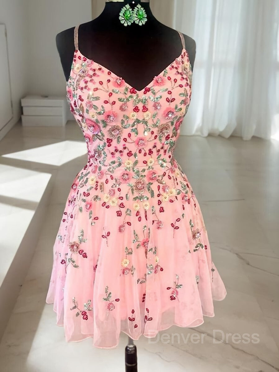 A-Line Straps Short Lace Homecoming Dress with Appliques Lace