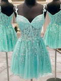 A-Line Sweetheart Corset Short Tulle Homecoming Dresses With Appliques Lace