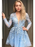 A-Line V-neck Short Lace Homecoming Dresses With Appliques Lace