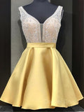 A-Line V-neck Short Satin Homecoming Dresses With Beading