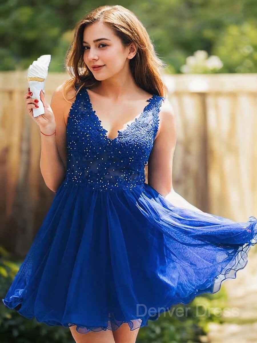 A-Line V-neck Short Tulle Homecoming Dresses