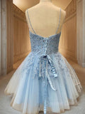 A-Line V-neck Short Tulle Homecoming Dresses With Appliques Lace