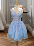 A-Line V-neck Short Tulle Homecoming Dresses With Appliques Lace