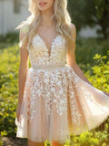 A-Line V-neck Short Tulle Homecoming Dresses With Appliques Lace