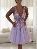 A-Line V-neck Short Tulle Homecoming Dresses With Beading