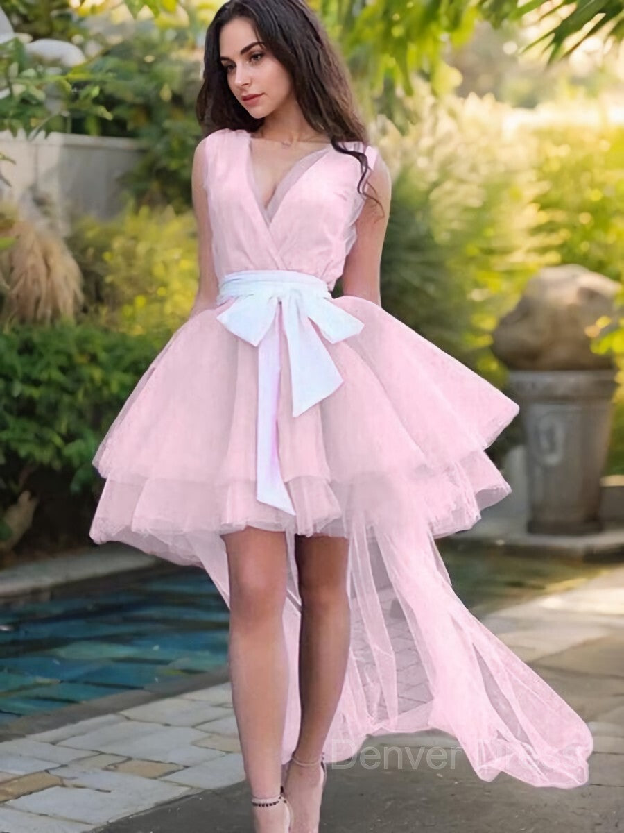 A-Line V-neck Short Tulle Homecoming Dresses With Sash