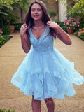 A-Line V-neck Short Tulle Homecoming Dresses With Cascading Ruffles