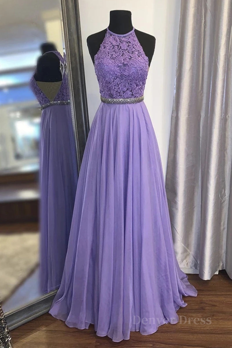 kamahe A Line Purple Lace Long Prom Dress with Belt, Purple Lace Formal Dress, Purple Evening Dress, Bridesmaid Dress