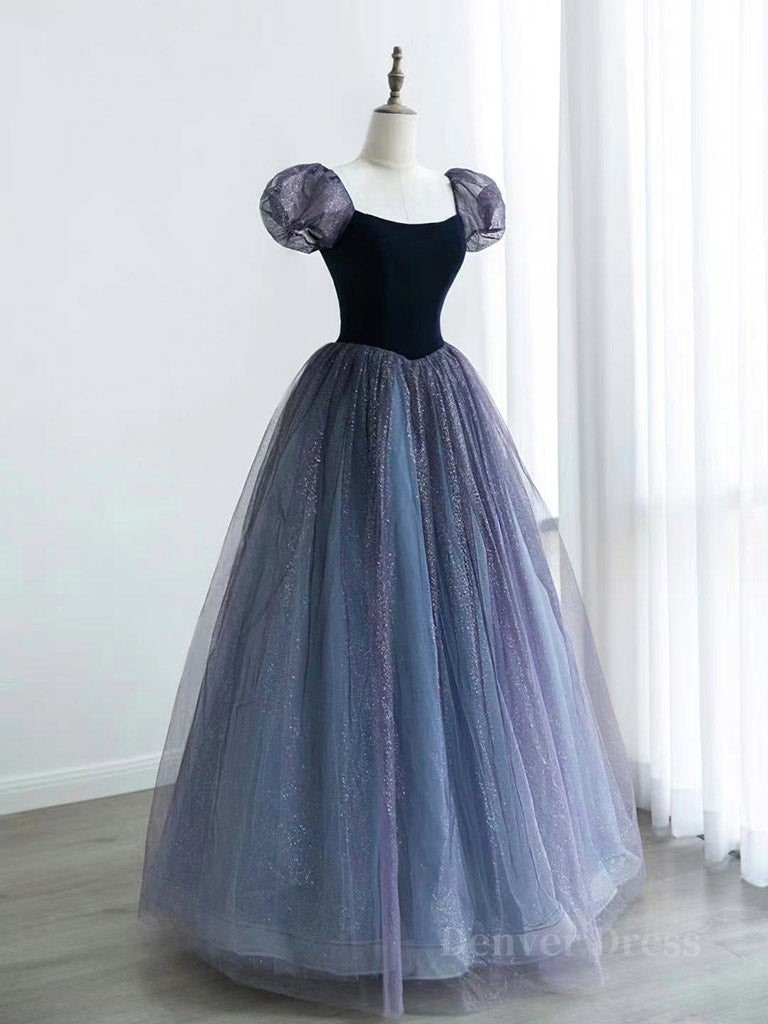 kamahe A-Line Purple Tulle Long Prom Dress, Purple Sweet 16 Dress