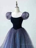 kamahe A-Line Purple Tulle Long Prom Dress, Purple Sweet 16 Dress