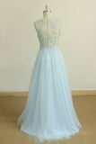 kamahe A Line Round Neck Baby Blue Lace Long Prom Dress with Butterfly, Baby Blue Lace Formal Graduation Evening Dress