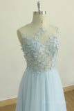 kamahe A Line Round Neck Baby Blue Lace Long Prom Dress with Butterfly, Baby Blue Lace Formal Graduation Evening Dress