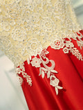 A Line Round Neck Red Short Lace Prom Dresses, Short Red Lace Formal Homecoming Dresses