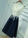 A Line Round Neck Short Lace Prom Dresses, Navy Blue Short Lace Formal Homecoming Dresses