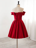 A-Line Satin Burgundy Short Prom Dress, Burgundy Homecoming Dress with Beading