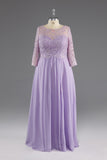 kamahe Lilac A-Line 3/4 Sleeves Scoop Lace Prom Dress