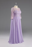 kamahe Lilac A-Line 3/4 Sleeves Scoop Lace Prom Dress