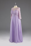 kamahe Lilac A-Line 3/4 Sleeves Scoop Lace Prom Dress