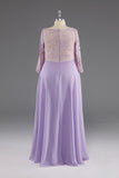 kamahe Lilac A-Line 3/4 Sleeves Scoop Lace Prom Dress