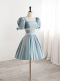 A-Line Square Neckline Blue Short Prom Dress, Cute Blue Homecoming Dress