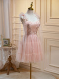 A Line Sweetheart Neck Pink Short Prom Dresses, Formal Puffy Pink Homecoming Dress with Lace Applique Beading