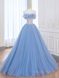 kamahe A-Line Tulle Lace Blue Long Prom Dress, Blue Lace Long Formal Dress